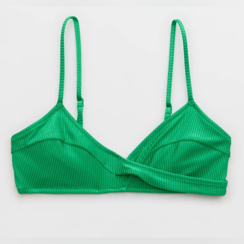 NWT Aerie Shine Rib Twist Scoop Bikini Top in Green Mission - Size XXS